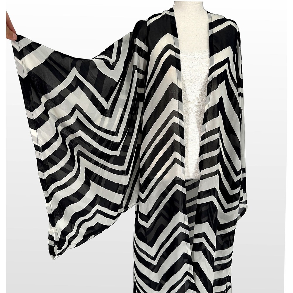 Jennafer Grace Kimono Duster Womens S Sheer Chevron Black White Oversized Boho